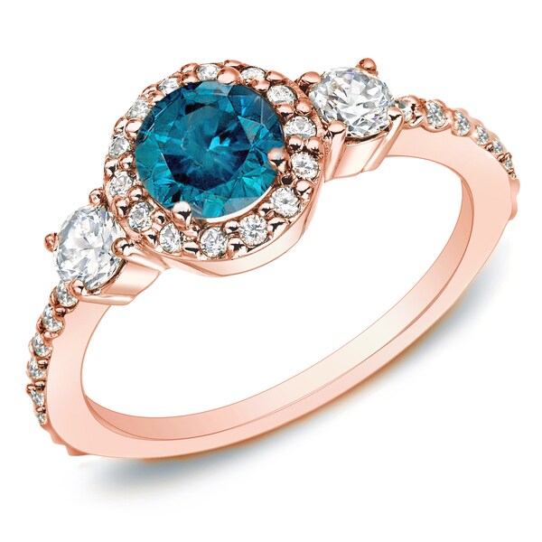 Auriya 14k Rose Gold 3/4ct TDW Blue Diamond 3-stone Halo Engagement ...