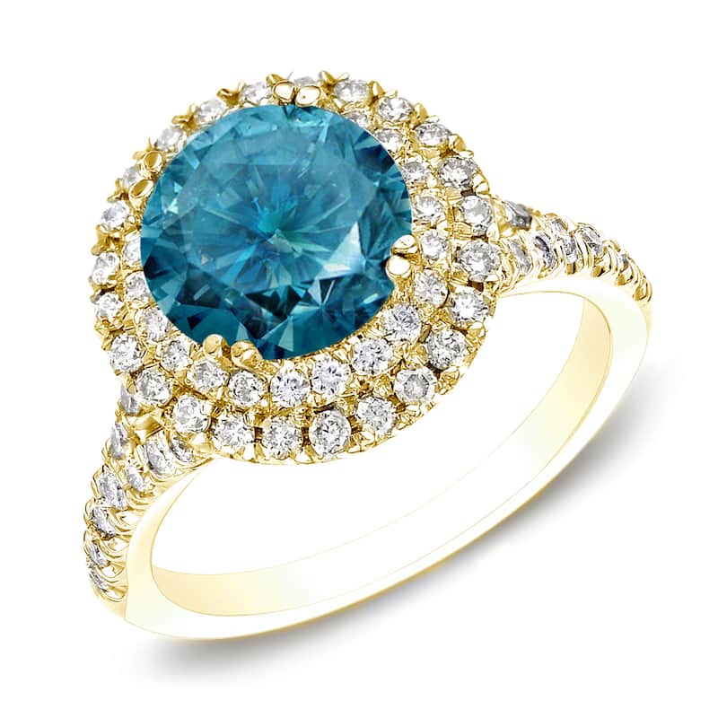 Auriya 14k Gold Double Halo Blue Diamond Engagement Ring 1 5/8ctw