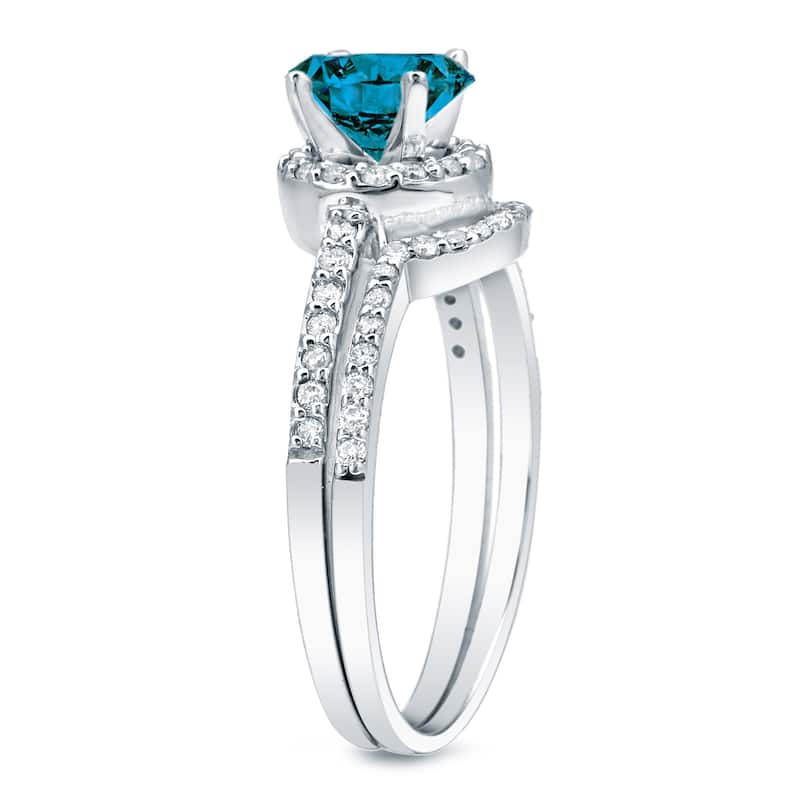 Auriya 14k Gold 1ctw Halo Blue Diamond Engagement Ring Set