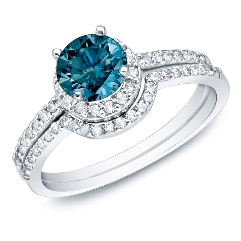 Auriya 14k Gold 1ctw Halo Blue Diamond Engagement Ring Set