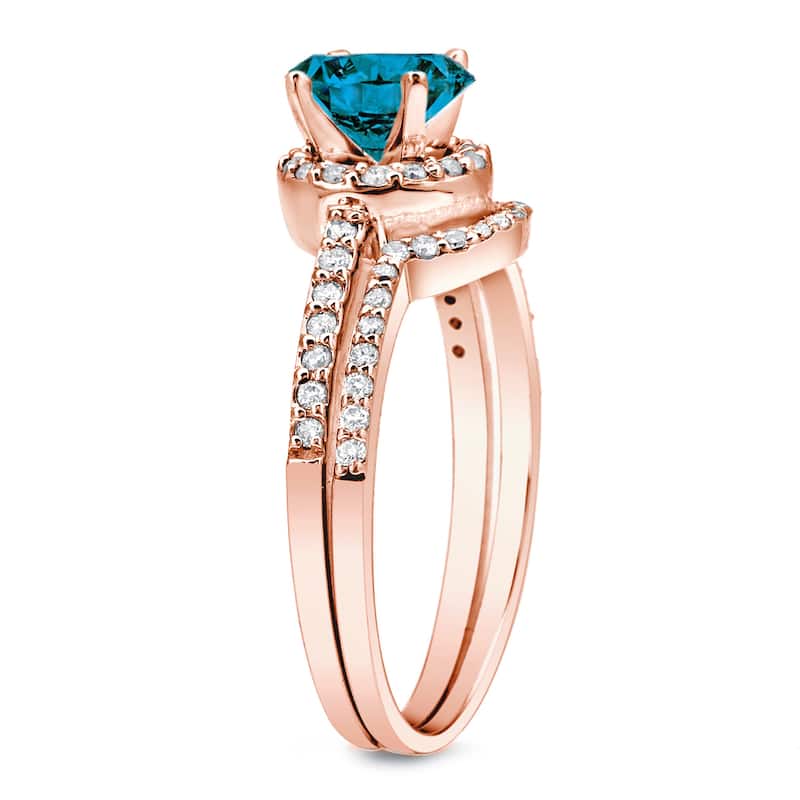Auriya 14k Rose Gold 1ctw Halo Blue Diamond Engagement Ring Set