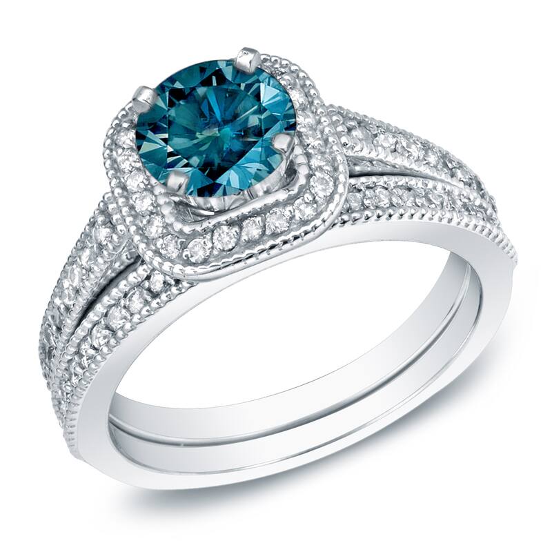 Auriya 14k Gold 1 carat TW Unique Halo Blue Diamond Engagement Ring Set - N/A - White