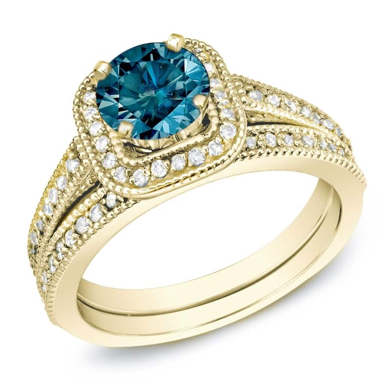 Auriya 14k Gold 1 carat TW Unique Halo Blue Diamond Engagement Ring Set - 9.5 - Yellow