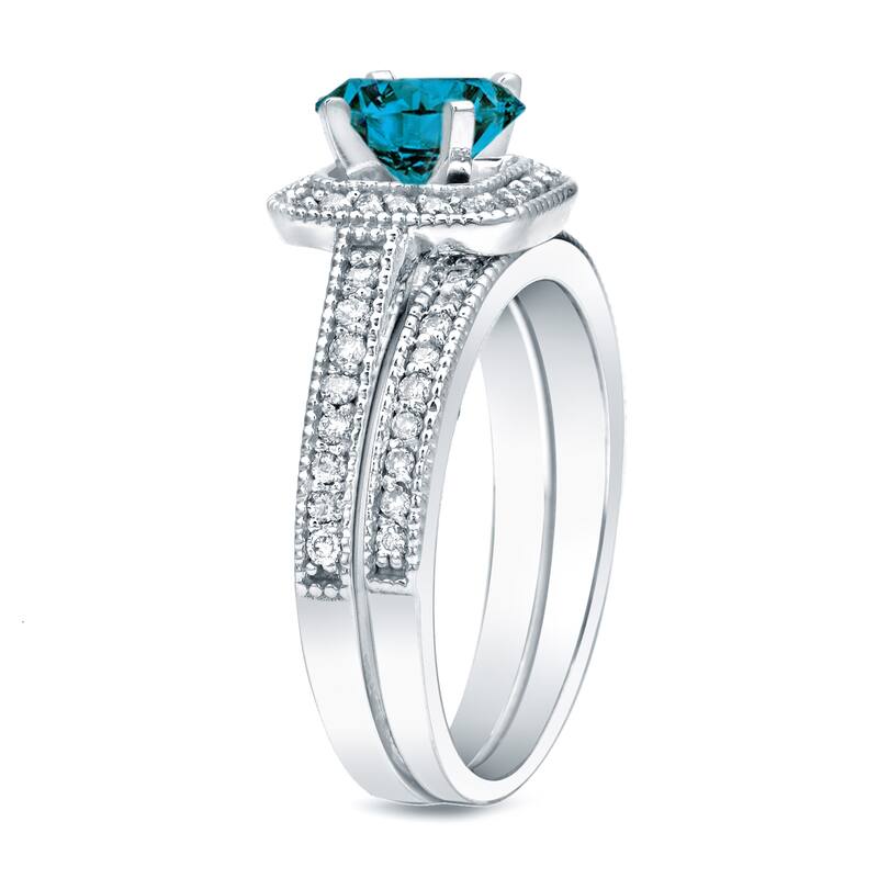 Auriya 14k Gold 1 carat TW Unique Halo Blue Diamond Engagement Ring Set