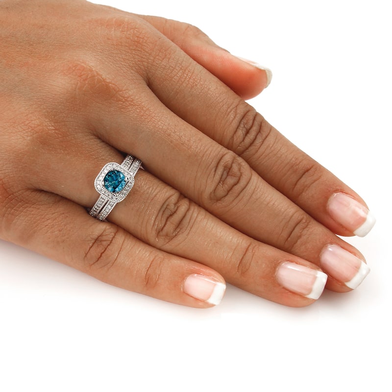 Auriya 14k Gold 1 carat TW Unique Halo Blue Diamond Engagement Ring Set