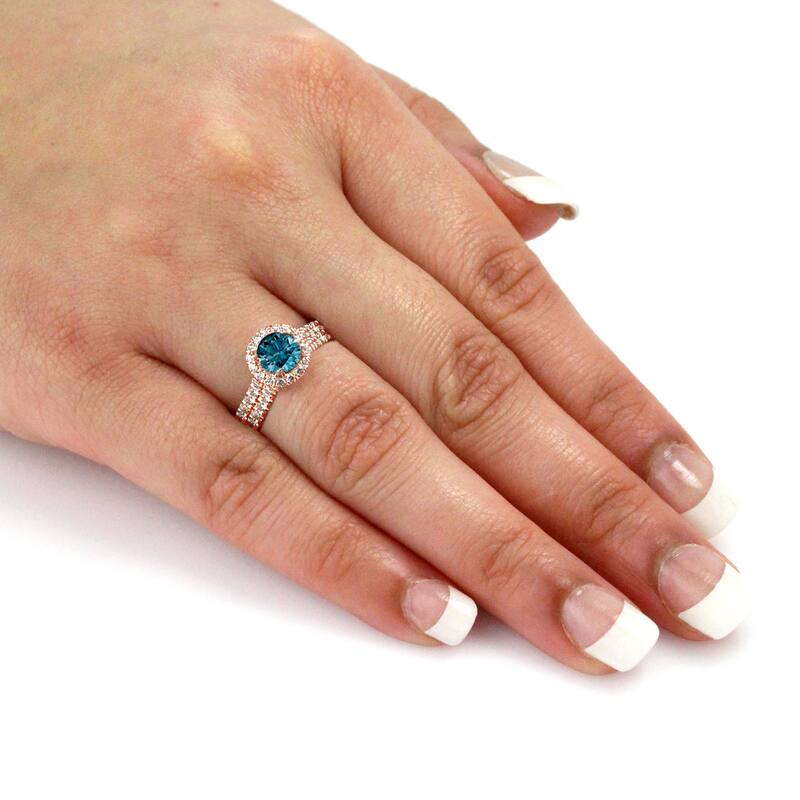 Auriya 14k Rose Gold 1ctw Round Blue Diamond Halo Engagement Ring Set