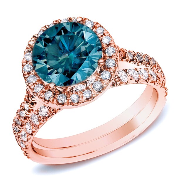 Shop Auriya 14k Rose Gold 1ct TDW Round Blue Diamond Halo Engagement ...