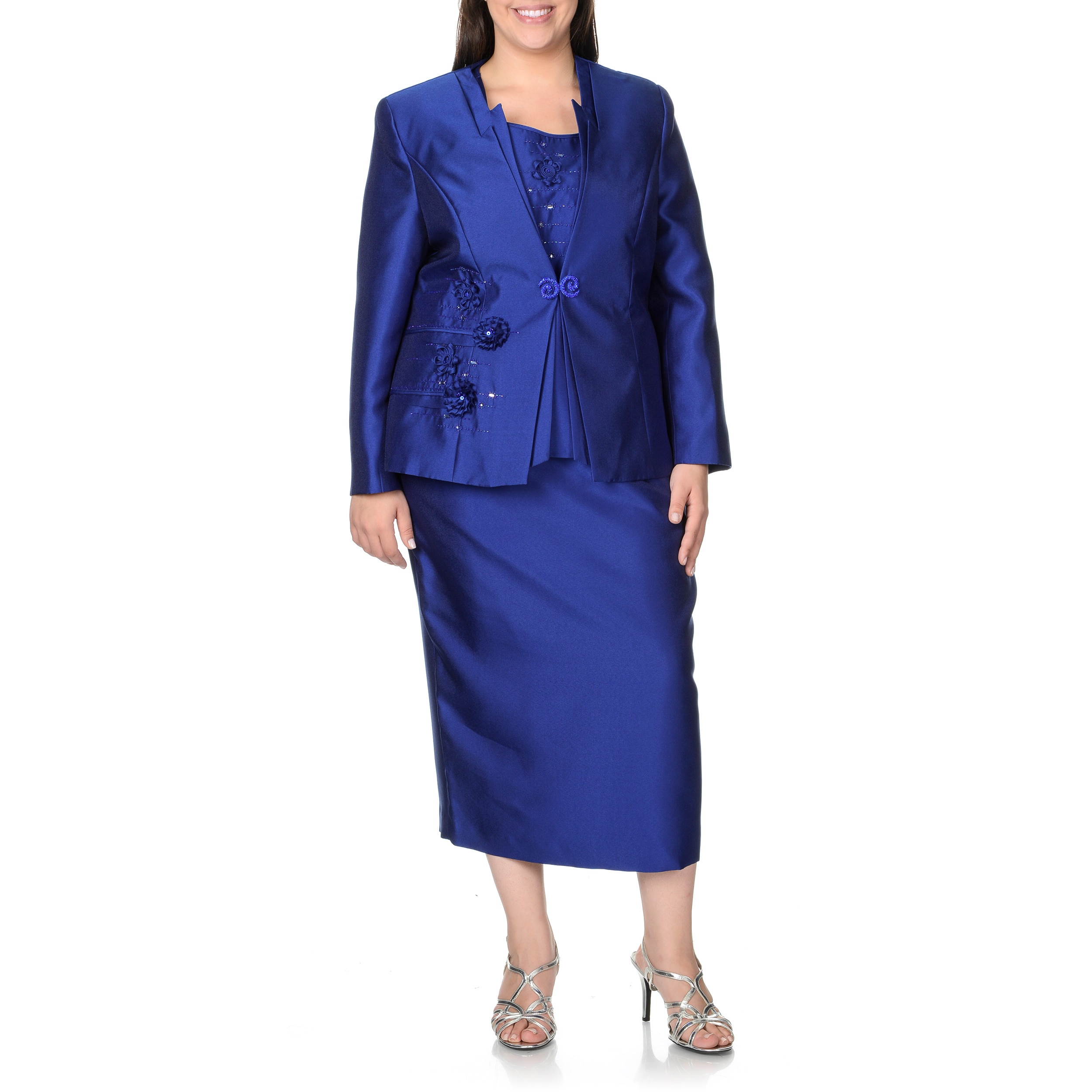 Giovanna Plus Size Blue Rhinestone Floral 3-piece Skirt Suit ...