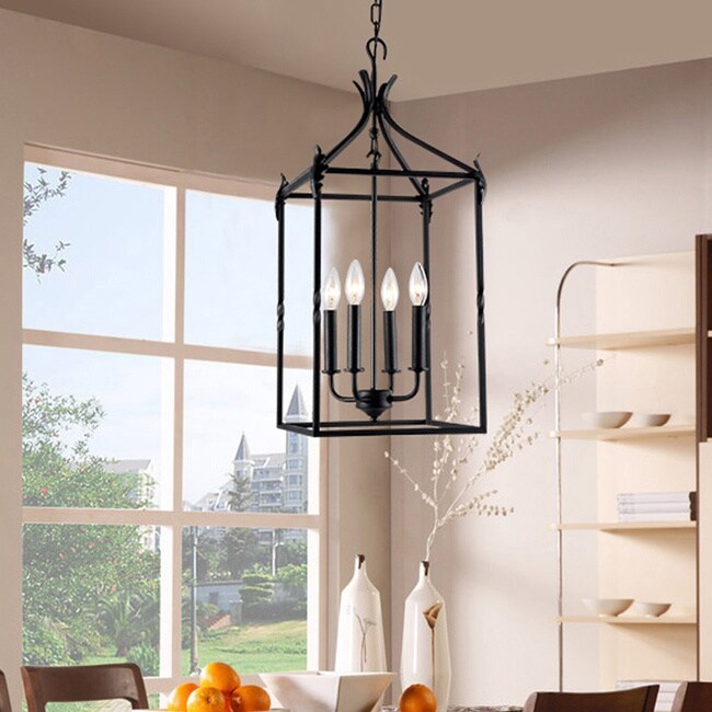 Hanging Lantern Chandelier Ceiling Light Candelabra Style Bulb Black Hanging Lantern Chandelier Ceiling Light Candelabra Style Bulb Black Iron Finish
