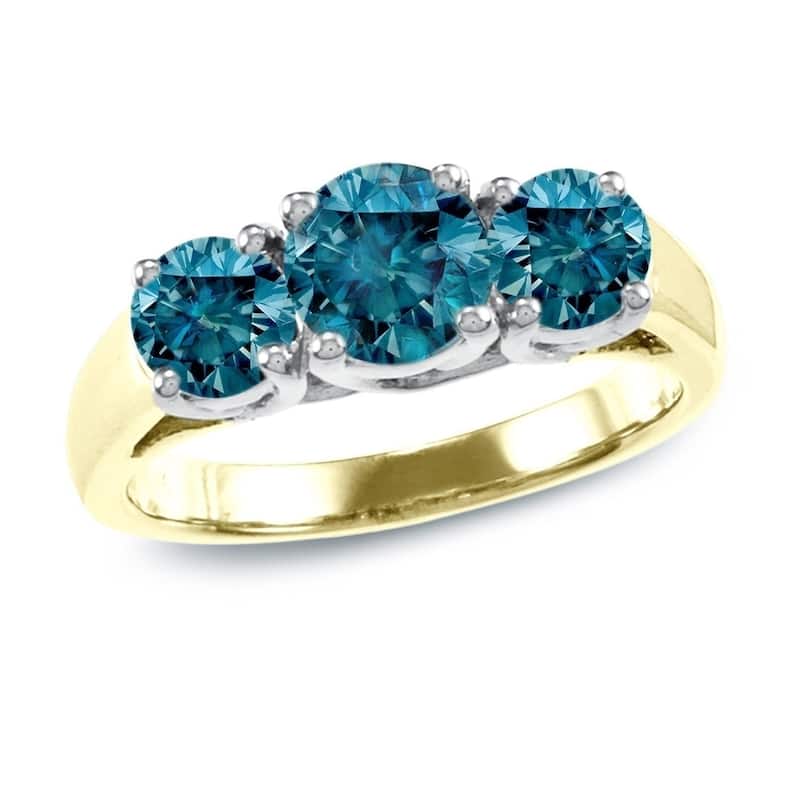 Auriya 14k Gold 2ctw 3-Stone Blue Diamond Engagement Ring (I1-I2) - Yellow - 4