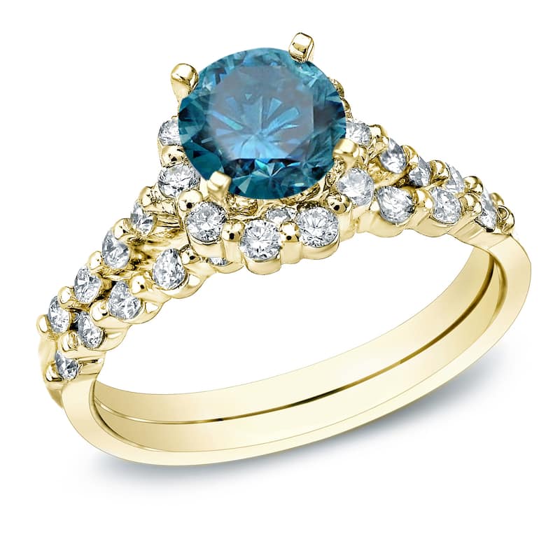Auriya 14k Gold 1ct TDW Round Blue Diamond Halo Engagement Ring Set