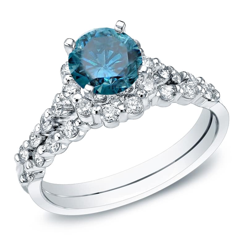 Auriya 14k Gold 1ct TDW Round Blue Diamond Halo Engagement Ring Set