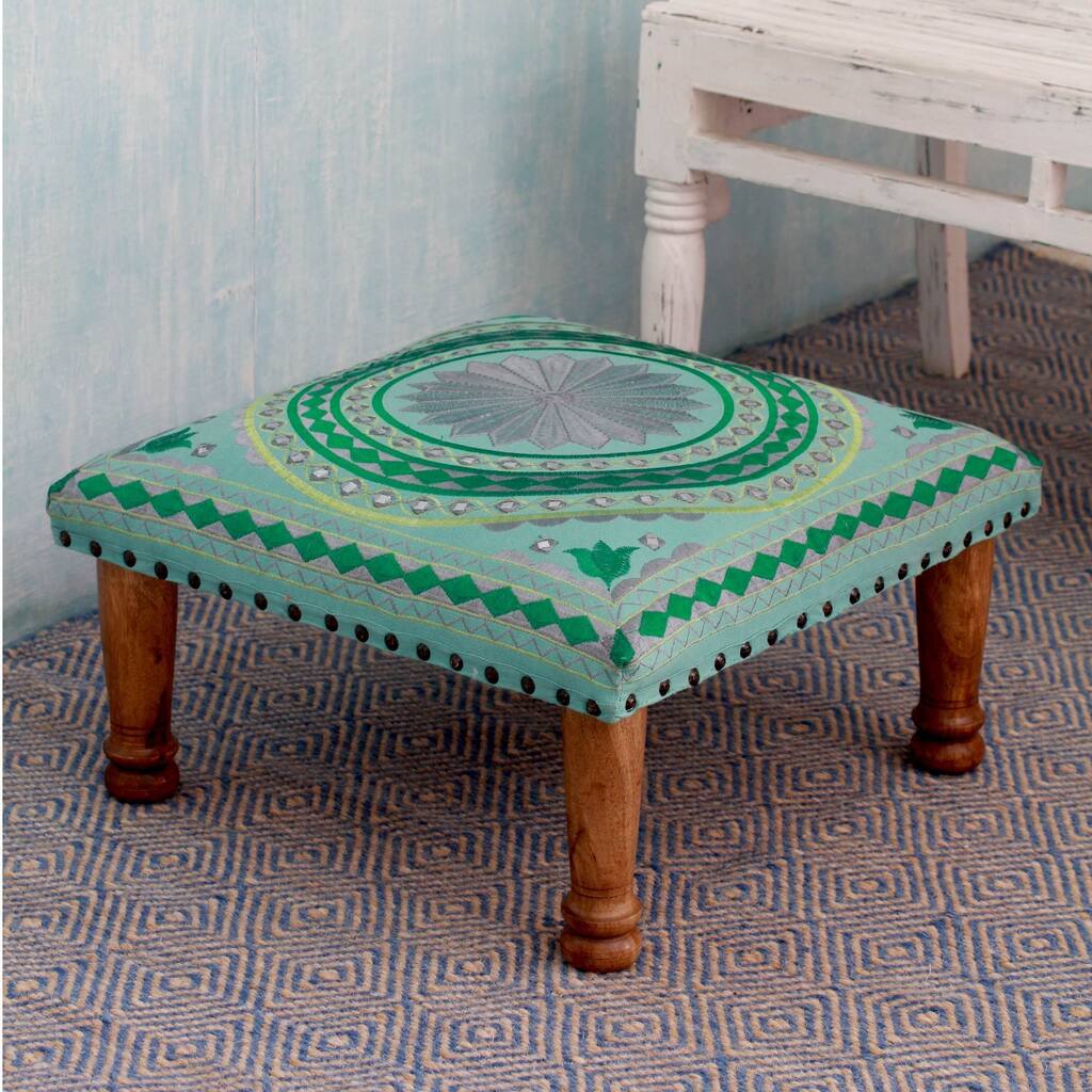 Handmade Seesham Wood Cotton Rayon 'Silver Mandala' Foot Stool Ottoman (India)