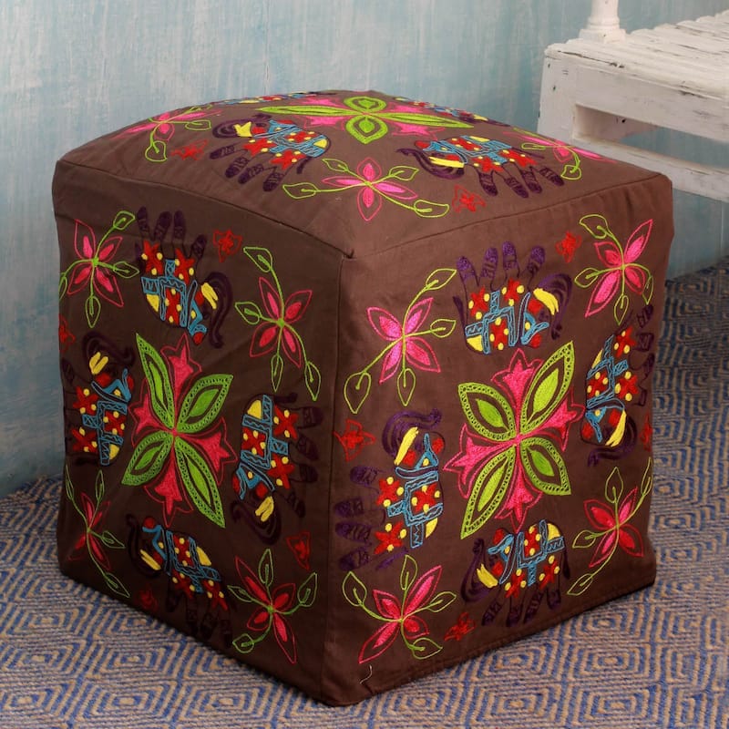 Handmade Cotton Rayon 'Elephant Blooms' Ottoman Pouf Cover (India)