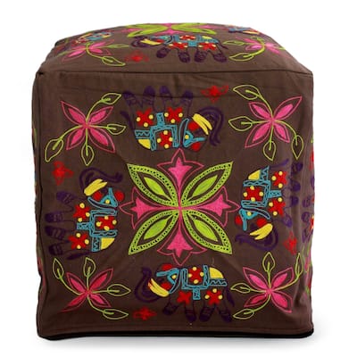 Handmade Cotton Rayon 'Elephant Blooms' Ottoman Pouf Cover (India)