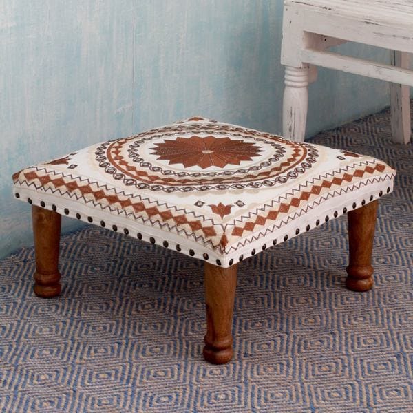 Brown Mandala Sheesham Wood with Multicolor Embroidery in Shades of Brown and Ivory Square Upholstered Footstool Ottoman (India)
