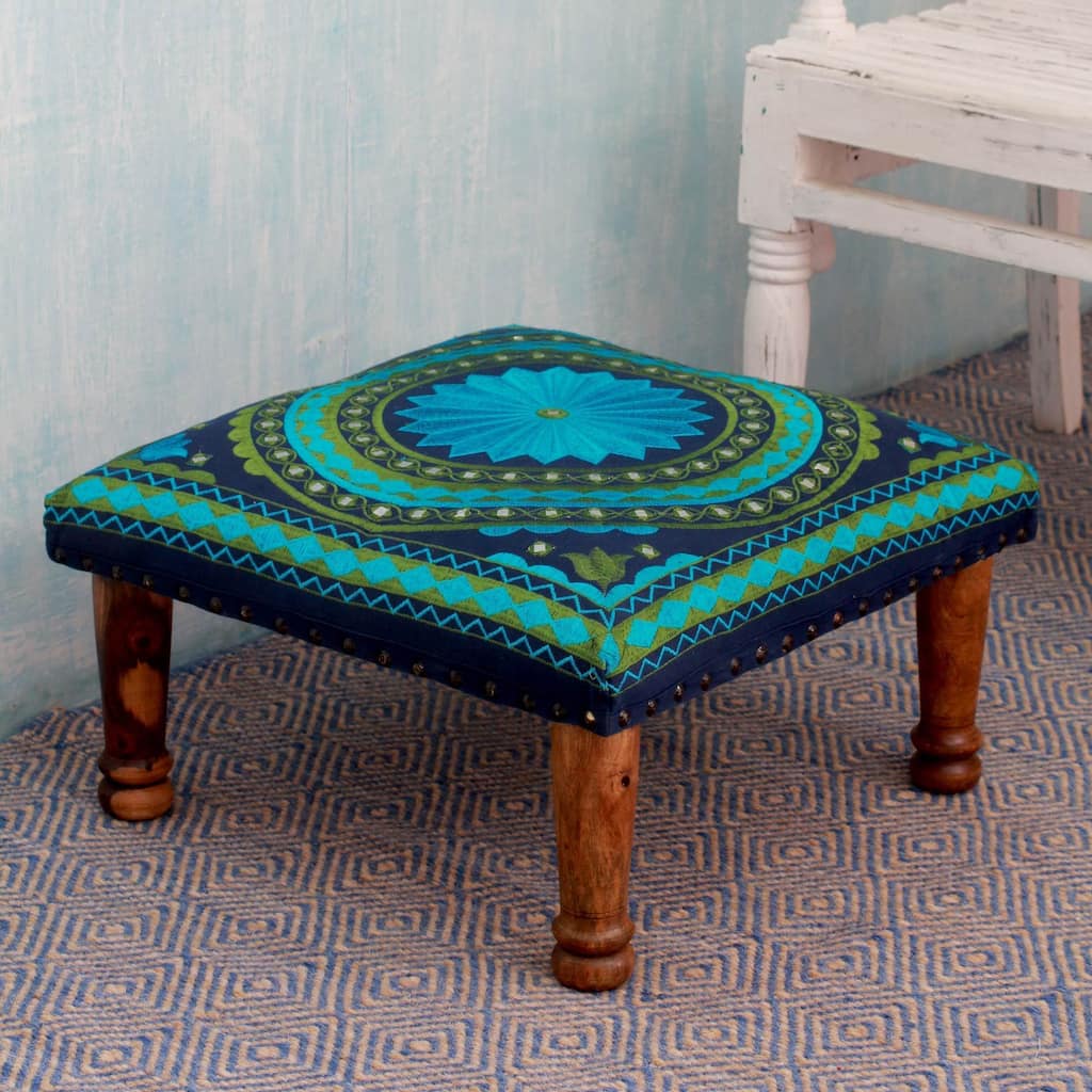 Handmade Shades of Blue Green Ottoman (India)