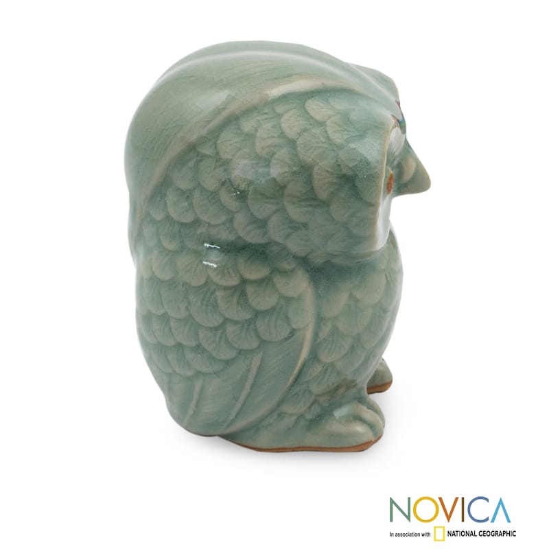 Handcrafted Celadon Ceramic 'Little Blue Owl' Figurine , Handmade in Thailand