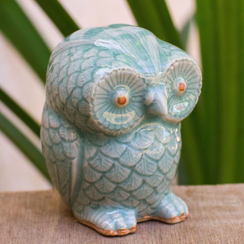 Handcrafted Celadon Ceramic 'Little Blue Owl' Figurine , Handmade in Thailand