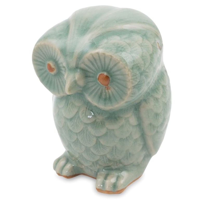 Handcrafted Celadon Ceramic 'Little Blue Owl' Figurine , Handmade in Thailand