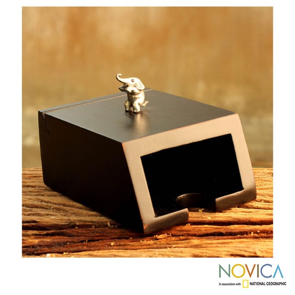 Handmade Playful Elephant Wood Pewter Business Card Holder (Thailand)