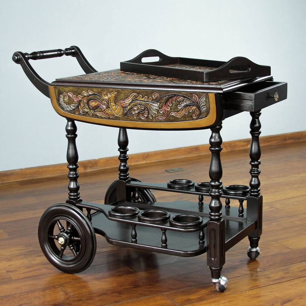 Handmade Traditonal Tooled Leather Mohena Wood Drop Leaf One Drawer Removable Tray Multicolor Rolling Bar Cart (Peru)