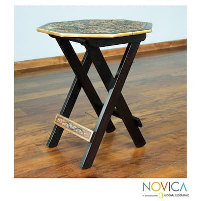 Handmade Mohena Wood Leather 'Octagonal Birds of Paradise' Folding Table (Peru)