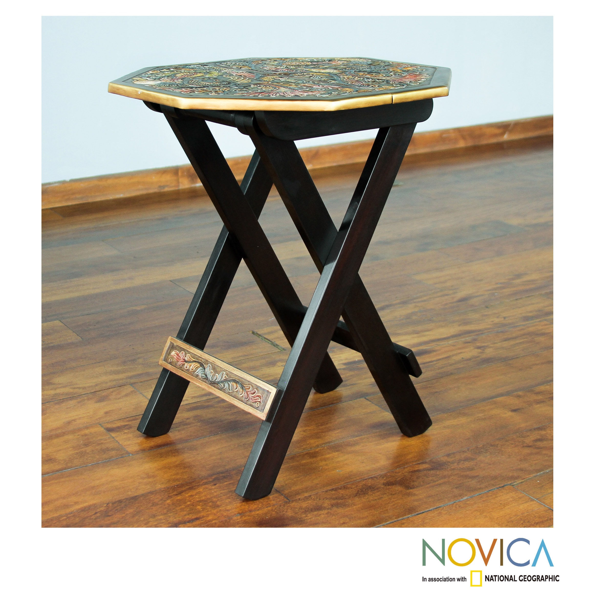 Handmade Reverse Painted Glass and Wood Folding Table - Colonial Night