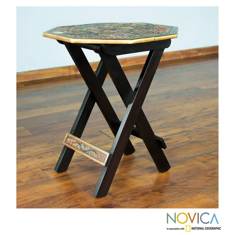 Handmade Mohena Wood Leather 'Octagonal Birds of Paradise' Folding Table (Peru) - Copper - Wood/Leather