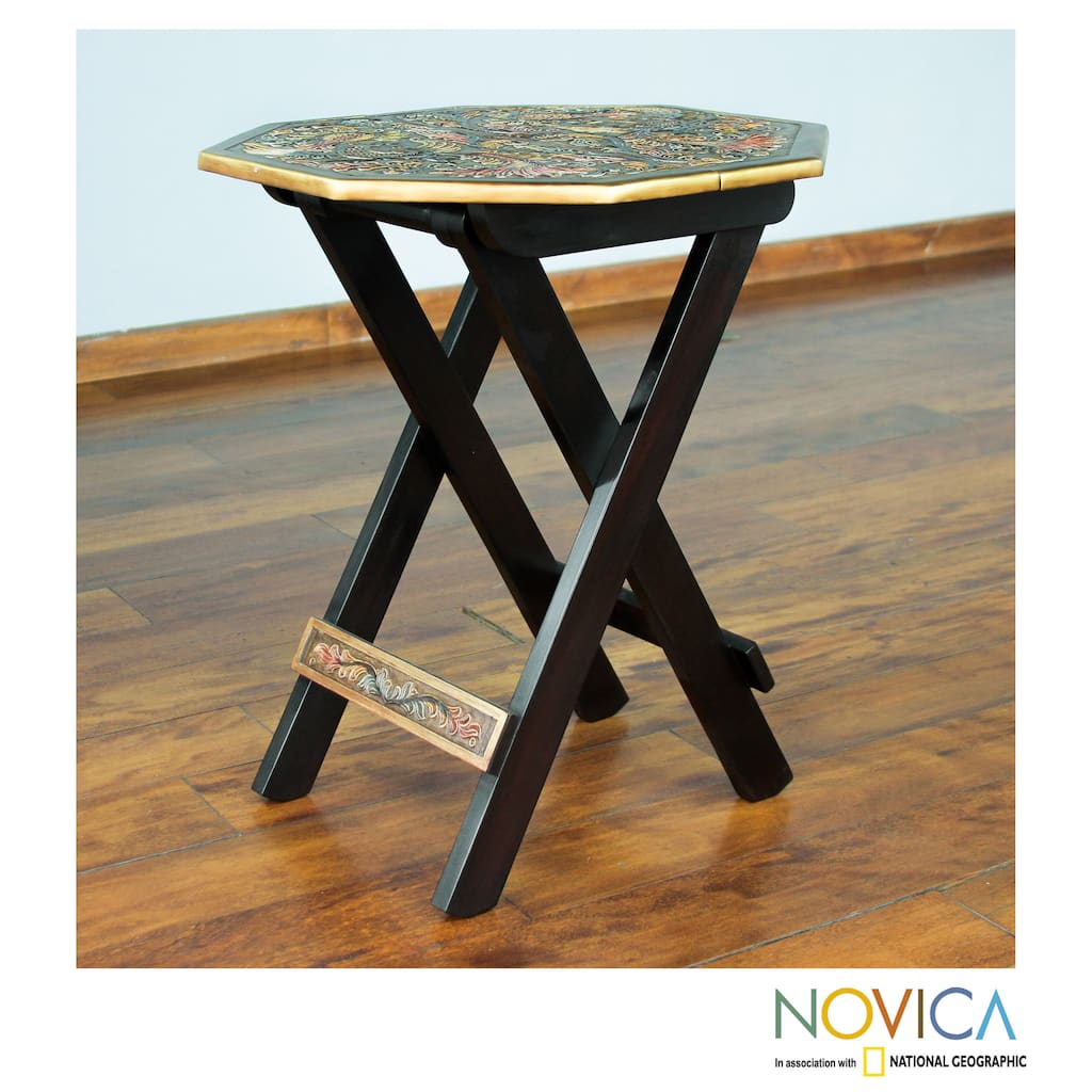 Handmade Mohena Wood Leather 'Octagonal Birds of Paradise' Folding Table (Peru)