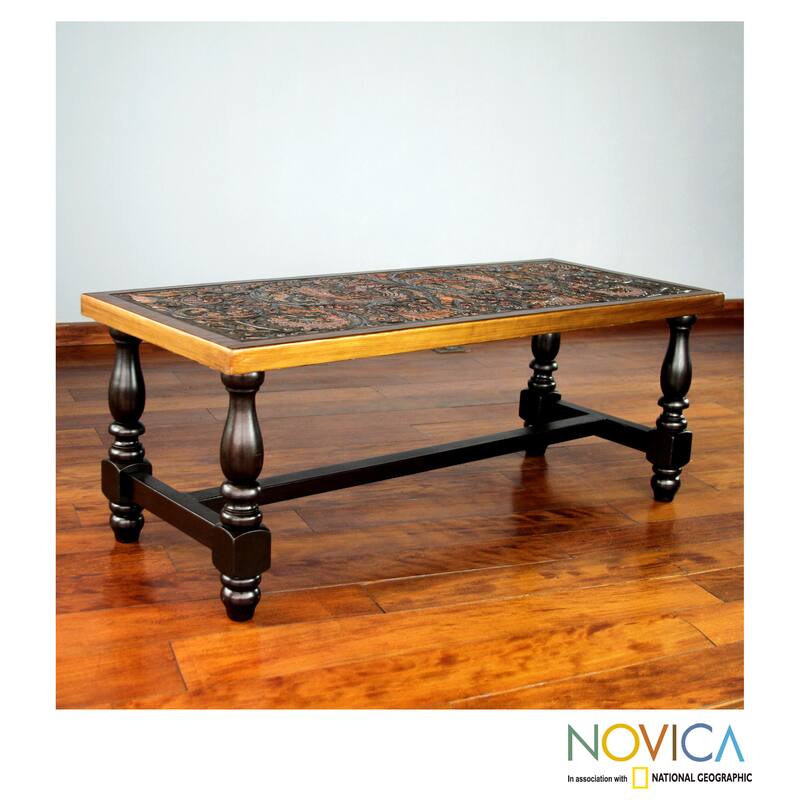 Handmade Andean Birds Hand Tooled Leather Brown Mohena Wood Coffee Table (Peru) - 18" H x 47" W x 19.75" D