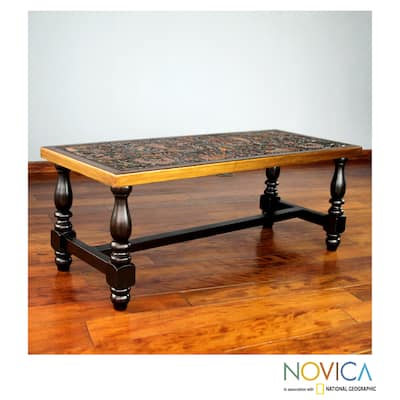 Handmade Andean Birds Hand Tooled Leather Brown Mohena Wood Coffee Table (Peru) - 18" H x 47" W x 19.75" D