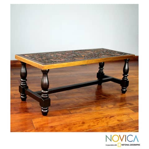 Handmade Andean Birds Hand Tooled Leather Brown Mohena Wood Coffee Table (Peru)