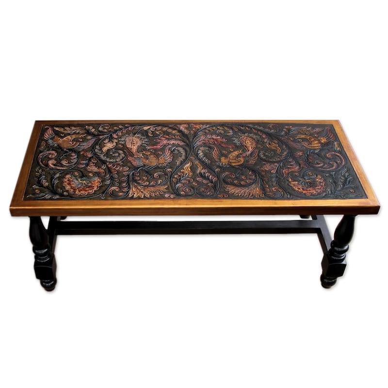 Handmade Andean Birds Hand Tooled Leather Brown Mohena Wood Coffee Table (Peru) - 18" H x 47" W x 19.75" D