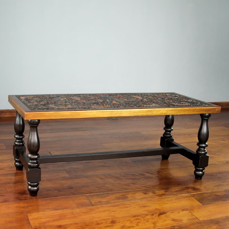 Handmade Andean Birds Hand Tooled Leather Brown Mohena Wood Coffee Table (Peru) - 18" H x 47" W x 19.75" D