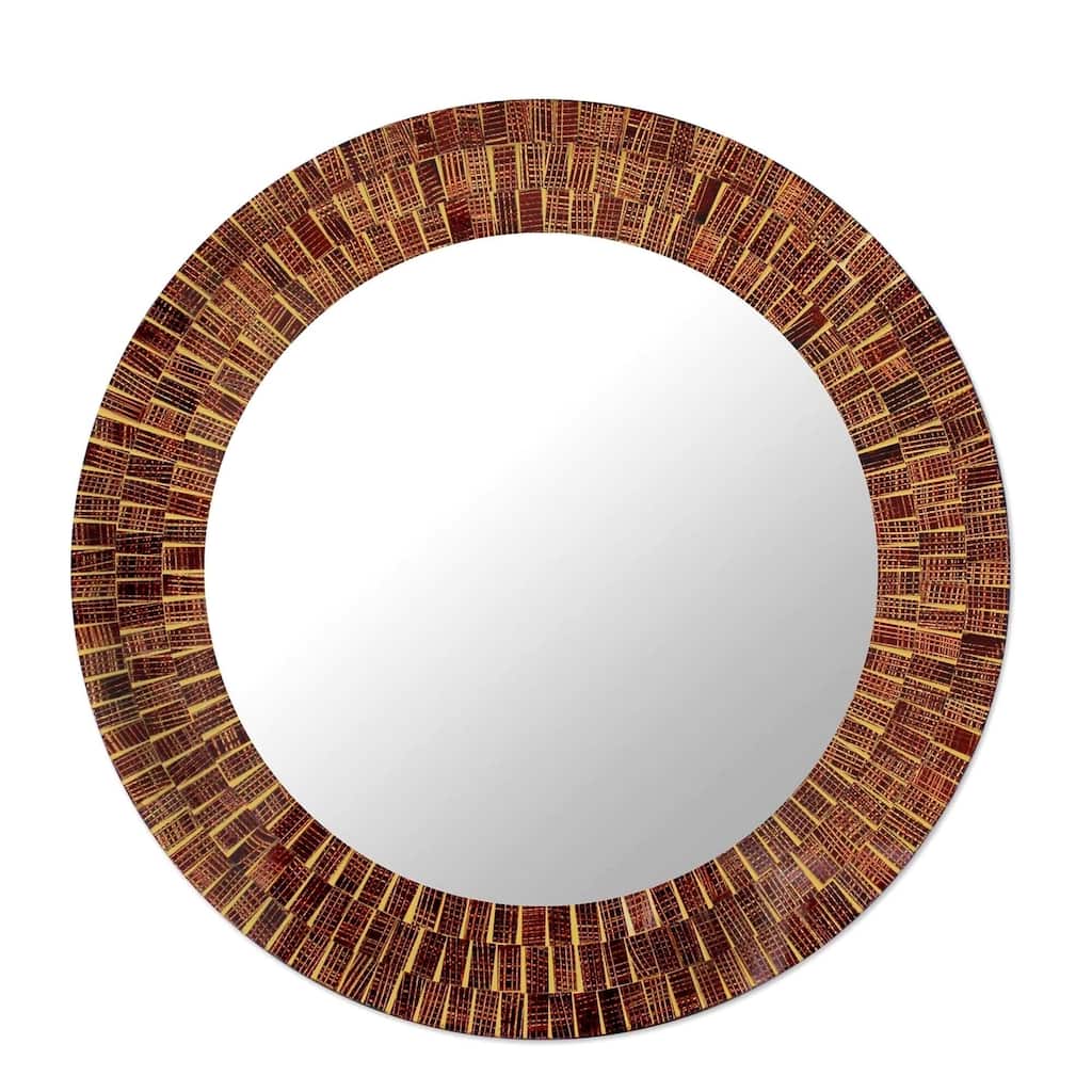Handmade Mumbai Maze Brown Gold and Maroon Glass Tile Mosaic Art Decor Accent Contemporary Round Wall Mirror (India)