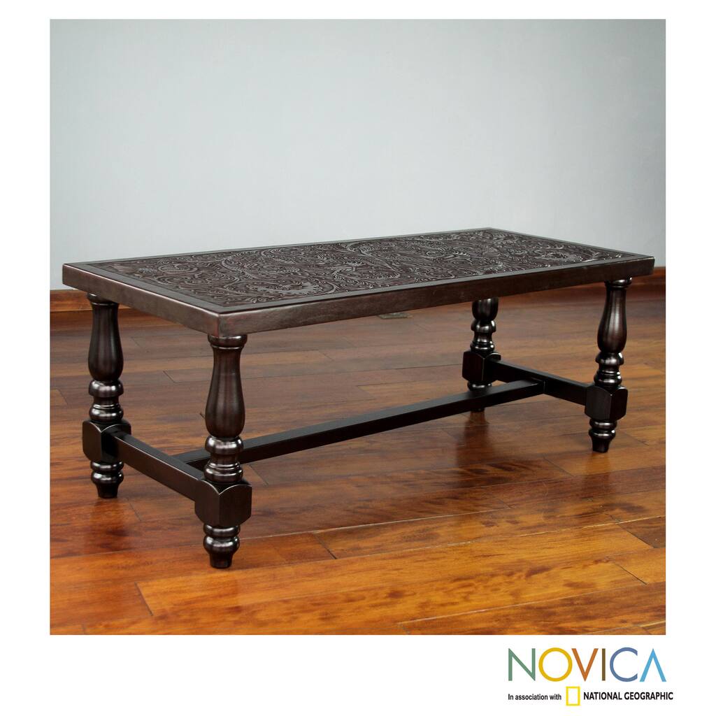 Handmade Andean Ferns Artisan Designer Hand Tooled Fine Leather Brown Mohena Wood Home Decor Furniture Coffee Table (Peru)