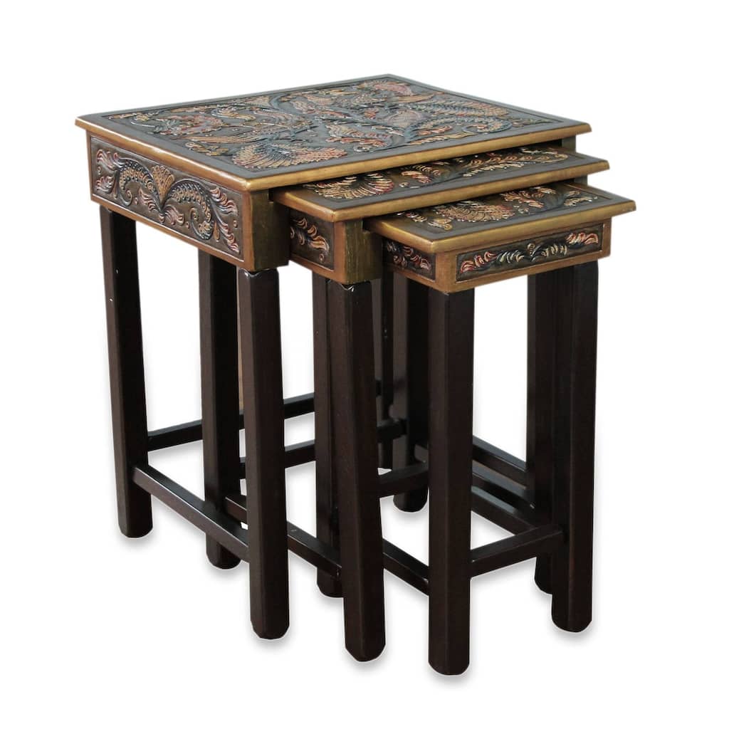 Handmade Tooled Leather Wood Side Tables, Set of 3 (Peru)
