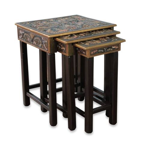 Handmade Tooled Leather Wood Side Tables, Set of 3 (Peru)