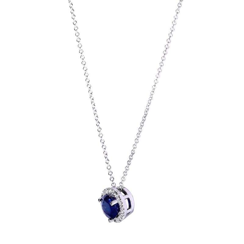Annello by Kobelli 14k White Gold 4/5ct TGW Round Blue Sapphire and Diamond Halo Necklace