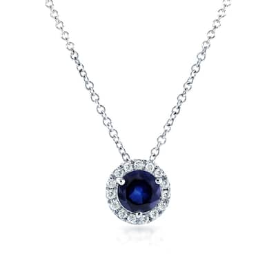Annello by Kobelli 14k White Gold 4/5ct TGW Round Blue Sapphire and Diamond Halo Necklace