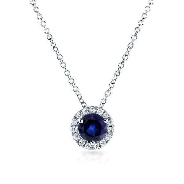 Annello by Kobelli 14k White Gold 4/5ct TGW Round Blue Sapphire and Diamond Halo Necklace
