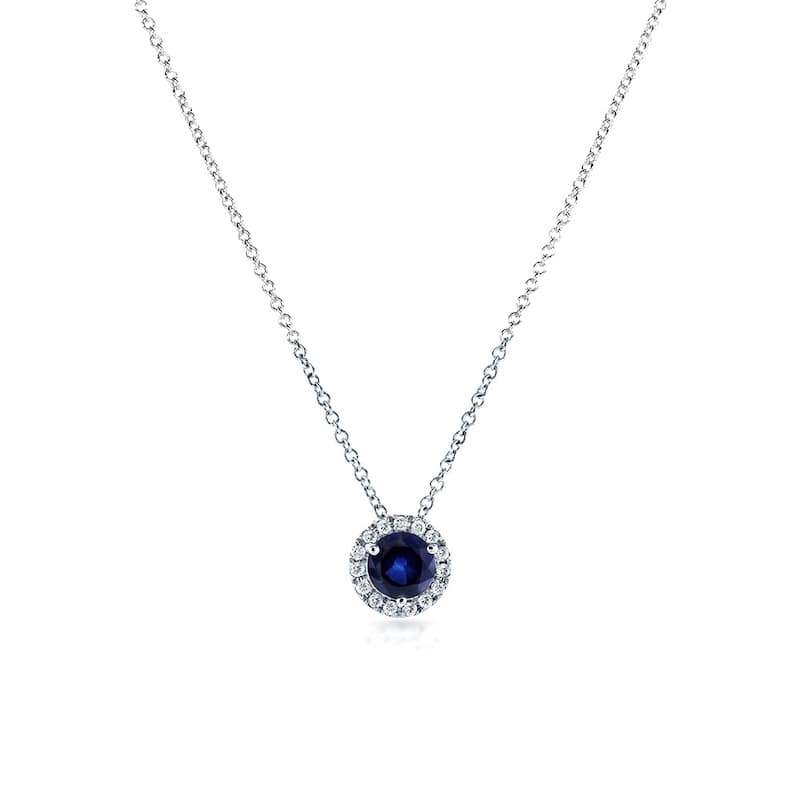 Annello by Kobelli 14k White Gold 4/5ct TGW Round Blue Sapphire and Diamond Halo Necklace