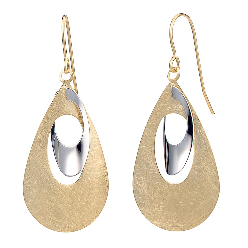 Fremada 10k Two-tone Gold Polish Finish Oval On Mixed Brush Finish Teardrop Dangle Earrings