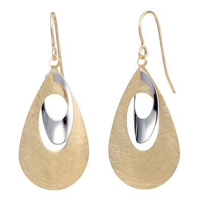 Fremada 10k Two-tone Gold Polish Finish Oval On Mixed Brush Finish Teardrop Dangle Earrings