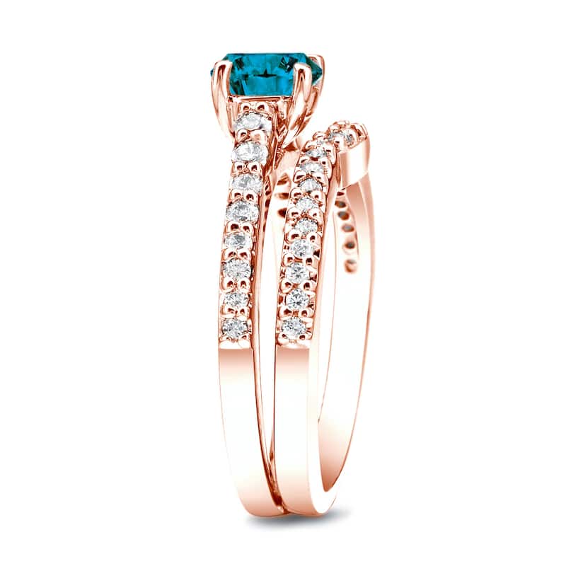 Auriya 14k Rose Gold 1ct TW Round Blue Diamond Engagement Ring Set