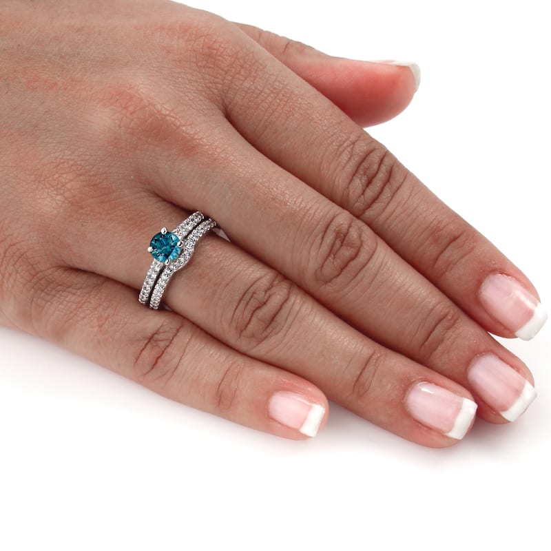 Auriya 14k Gold 1ct TW Round Blue Diamond Engagement Ring Set