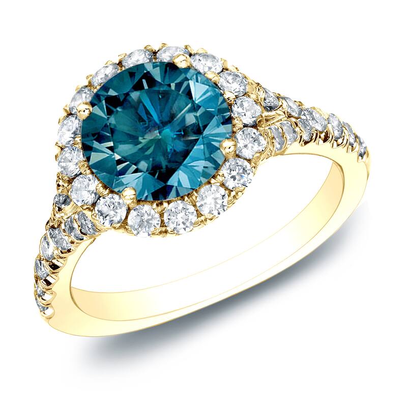 Auriya 14k Gold 1 1/2ctw Round Pave Halo Blue Diamond Engagement Ring