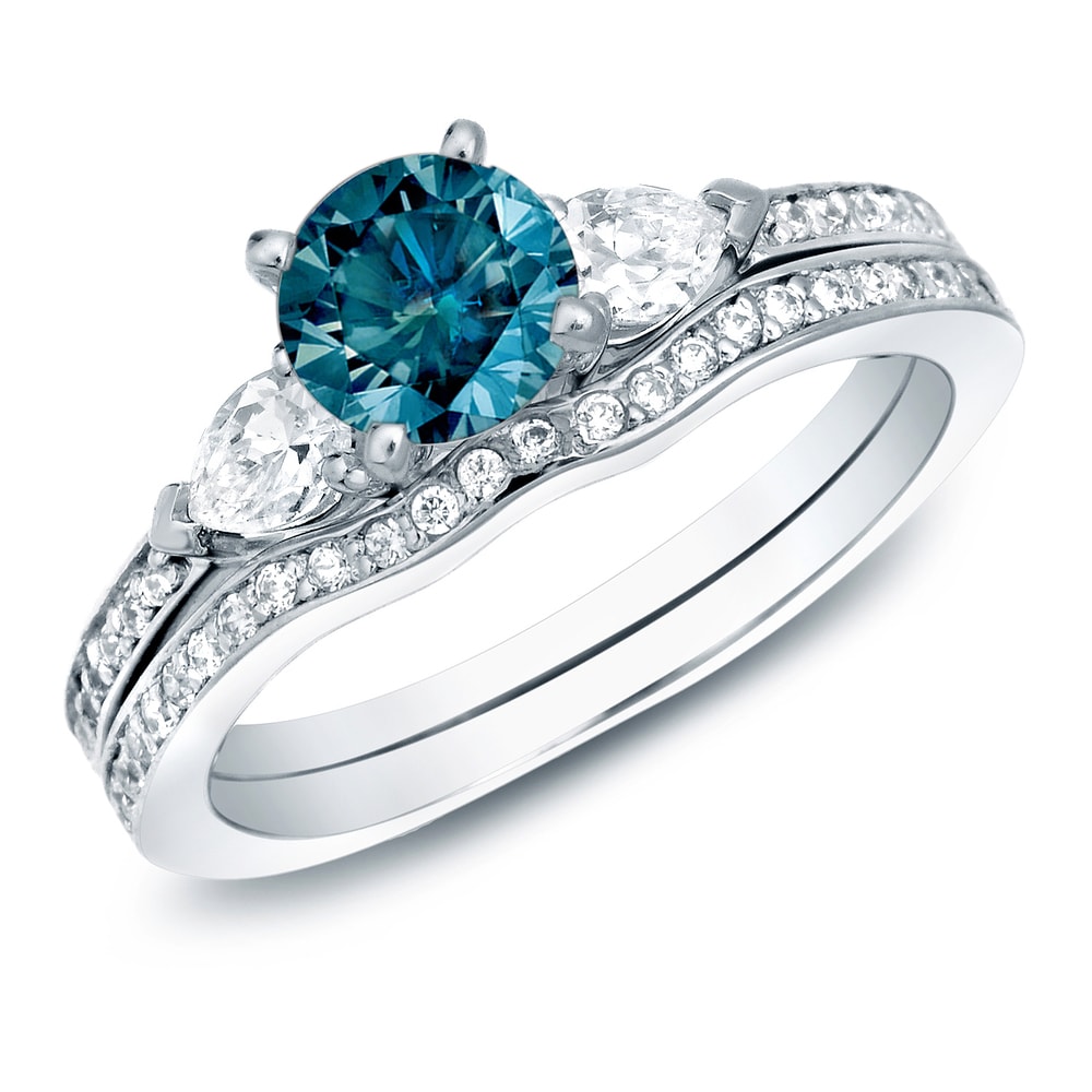 Auriya 14k Gold 1ctw Blue Diamond 3-stone Engagement Ring Set