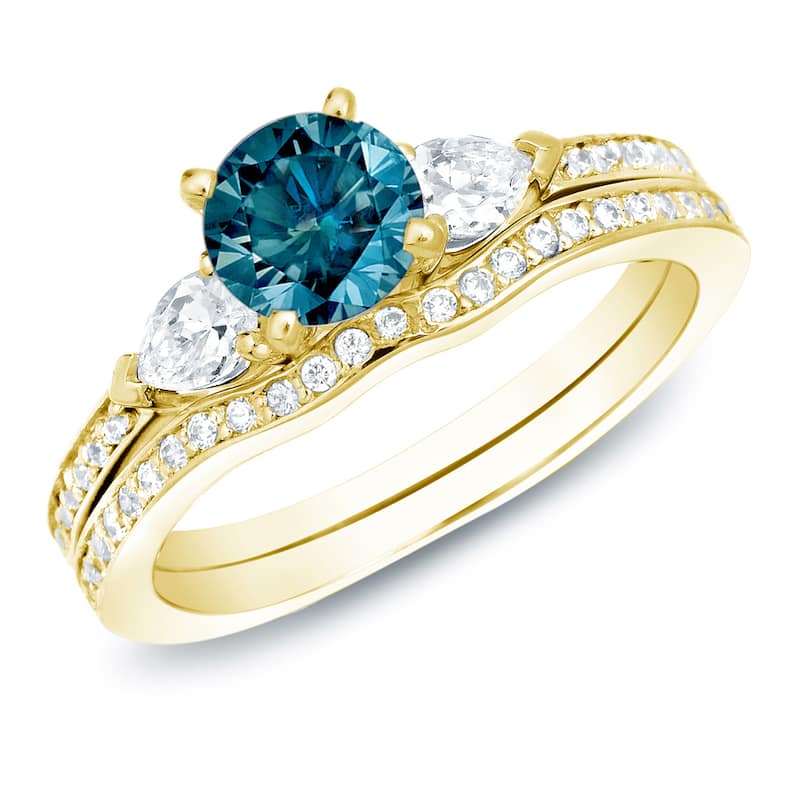 Auriya 14k Gold 1ctw Blue Diamond 3-stone Engagement Ring Set